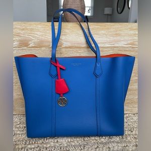 Tory Burch Triple Compartment Perry Tote “Embrace Ambition” Leather Blue Red EUC